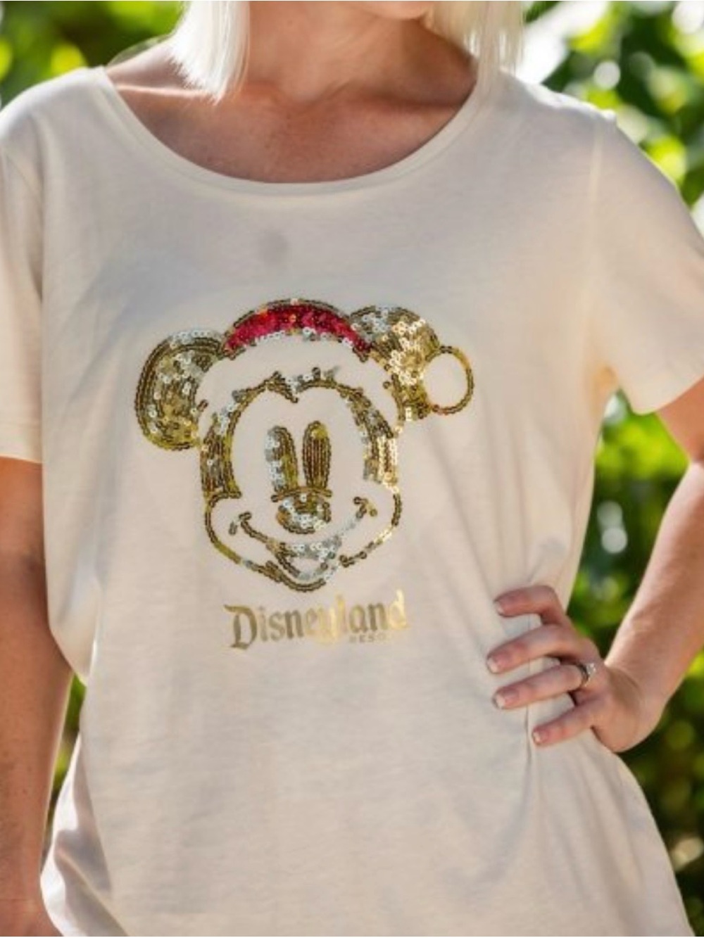 Disney Cream Tee with Gold and Red Sequin Mickey Detail